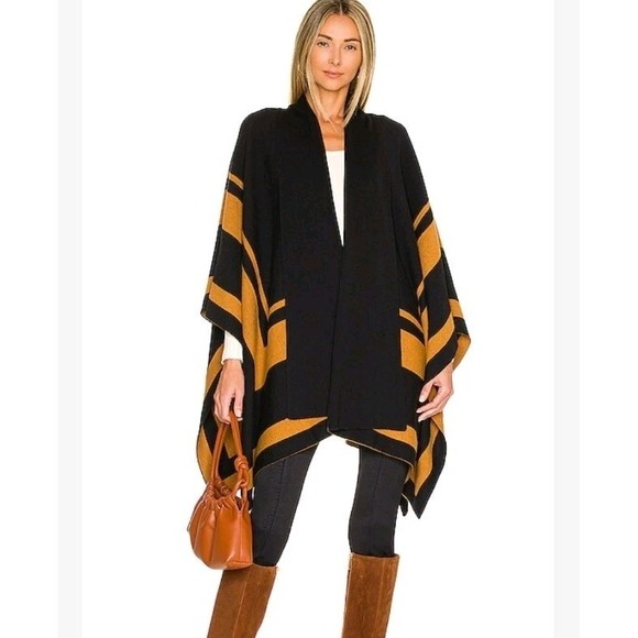 L'AGENCE Sweaters - L'Agence Jake Sweater Cape XS S Black Camel Wool Stripe Poncho Quiet Luxury Wrap